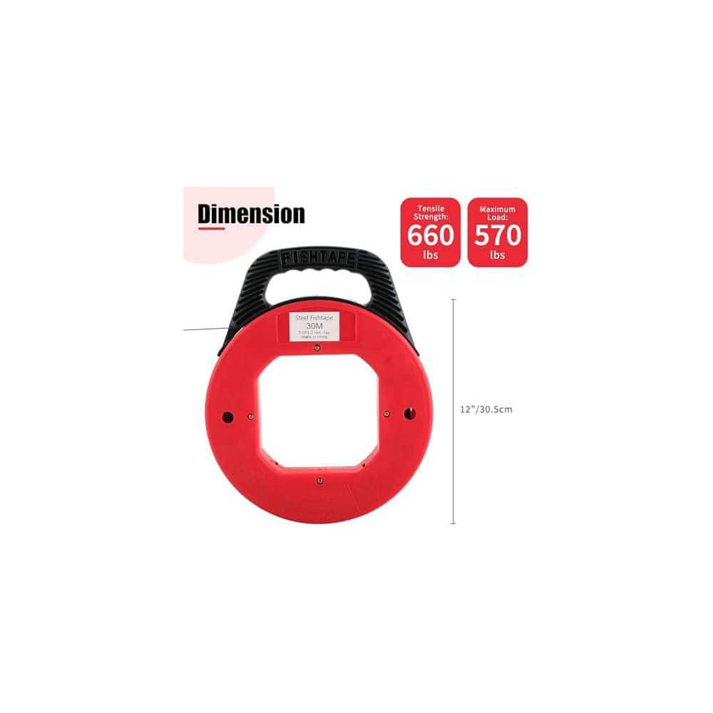Yichuhaoxi 100 ft. Steel Fish Tape with Retractable Wire Reel for Heavy Duty Pulls and Conduit Measuring in Red Housing (2)
