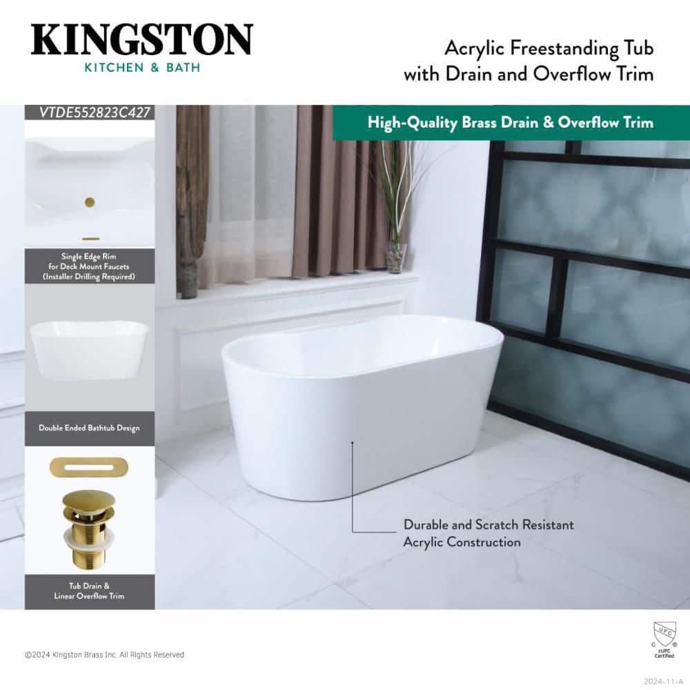 Kingston Brass Aqua Eden 55 in. x 27.4 in. Acrylic Flatbottom Soaking Freestanding Bathtub in Glossy White/Matte Black with Drain (3)