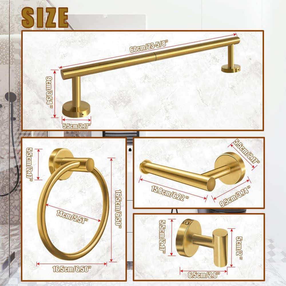LAIFUCAM 5-Piece Bathroom Hardware Set with Towel Bar Towel Ring Toilet Paper Holder 2-Robe Hooks in Brushed Gold (2)
