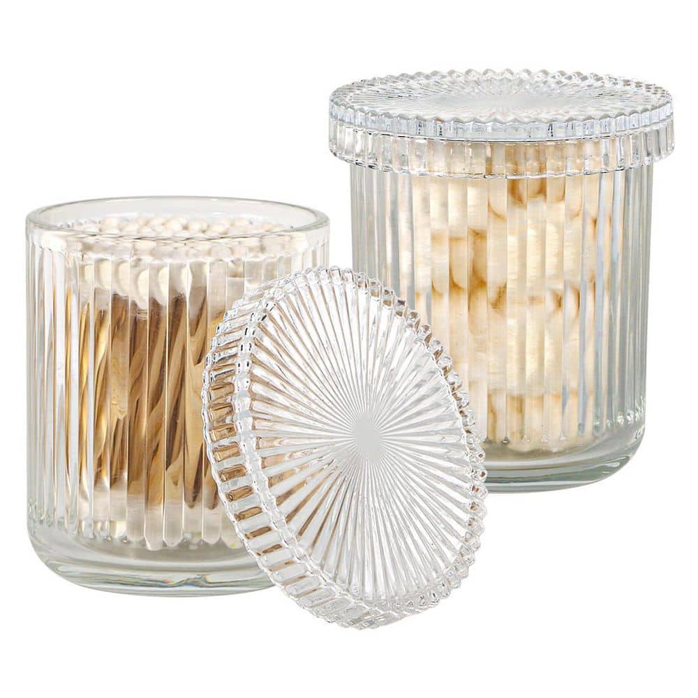 KHKFY 2-Pack Ribbed Glass Apothecary Storage Jars with Lids for Cotton Swabs and Vanity Countertop in Clear