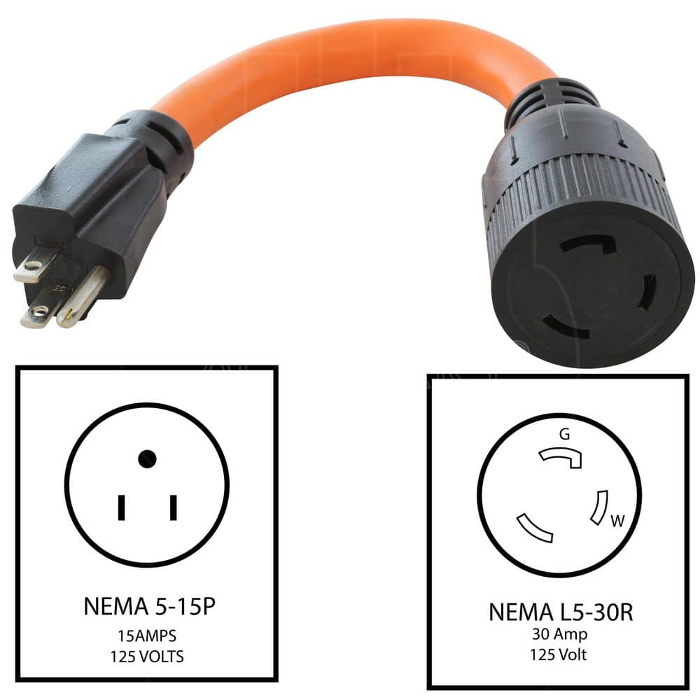 AC WORKS NEMA 5-15P Household Plug to NEMA L5-30R 30A Adapter 1 ft. 10 / 3 STW Indoor/Outdoor Cord in Orange (2)