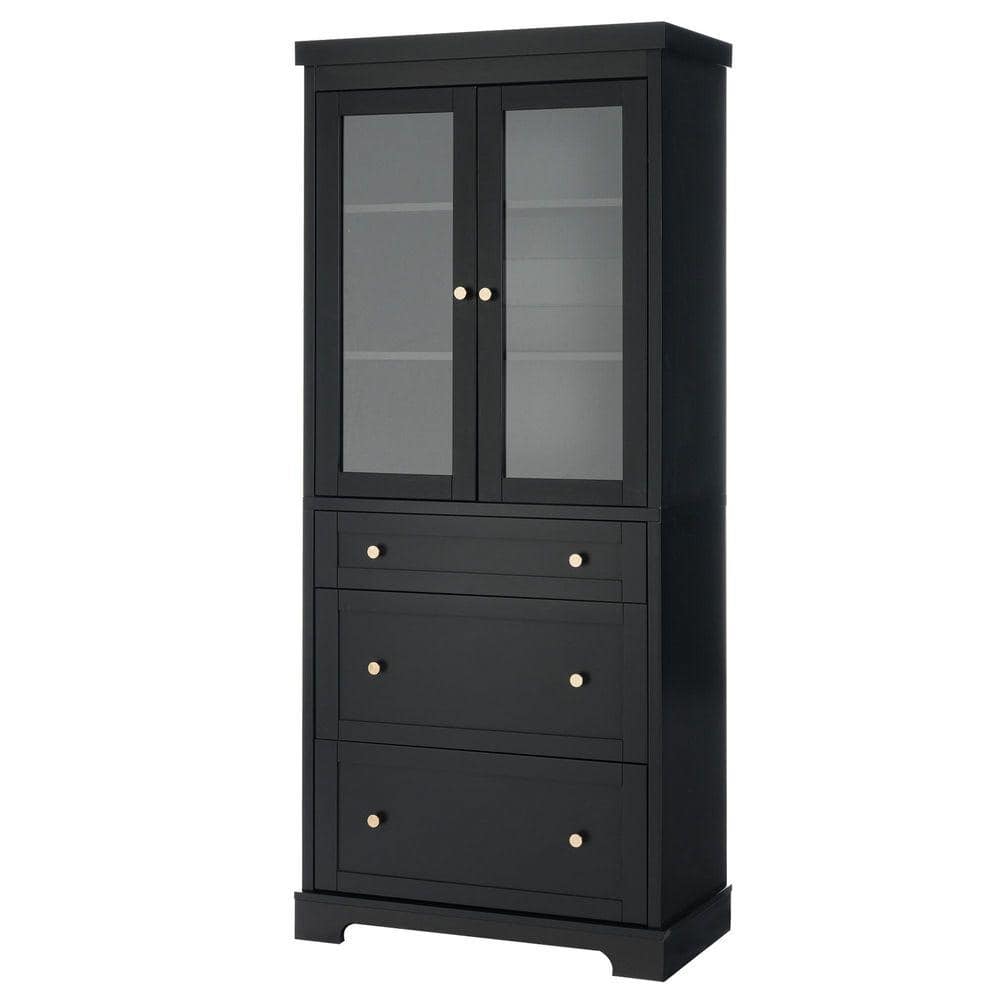 SANFANGIE Simple Style 30.1 in. W x 15.7 in. D x 70.1 in. H Black Linen Cabinet with 2-Adjustable Shelves, 3-Drawers (1)