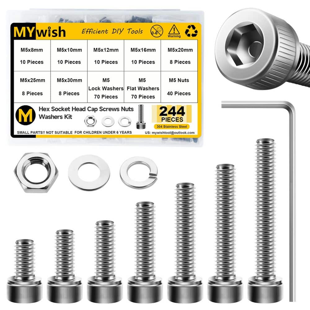 MYWISH 244-Piece M5 Hex Socket Head Cap Screw and Nuts Kit, 304-Stainless Steel, with Washers (1)
