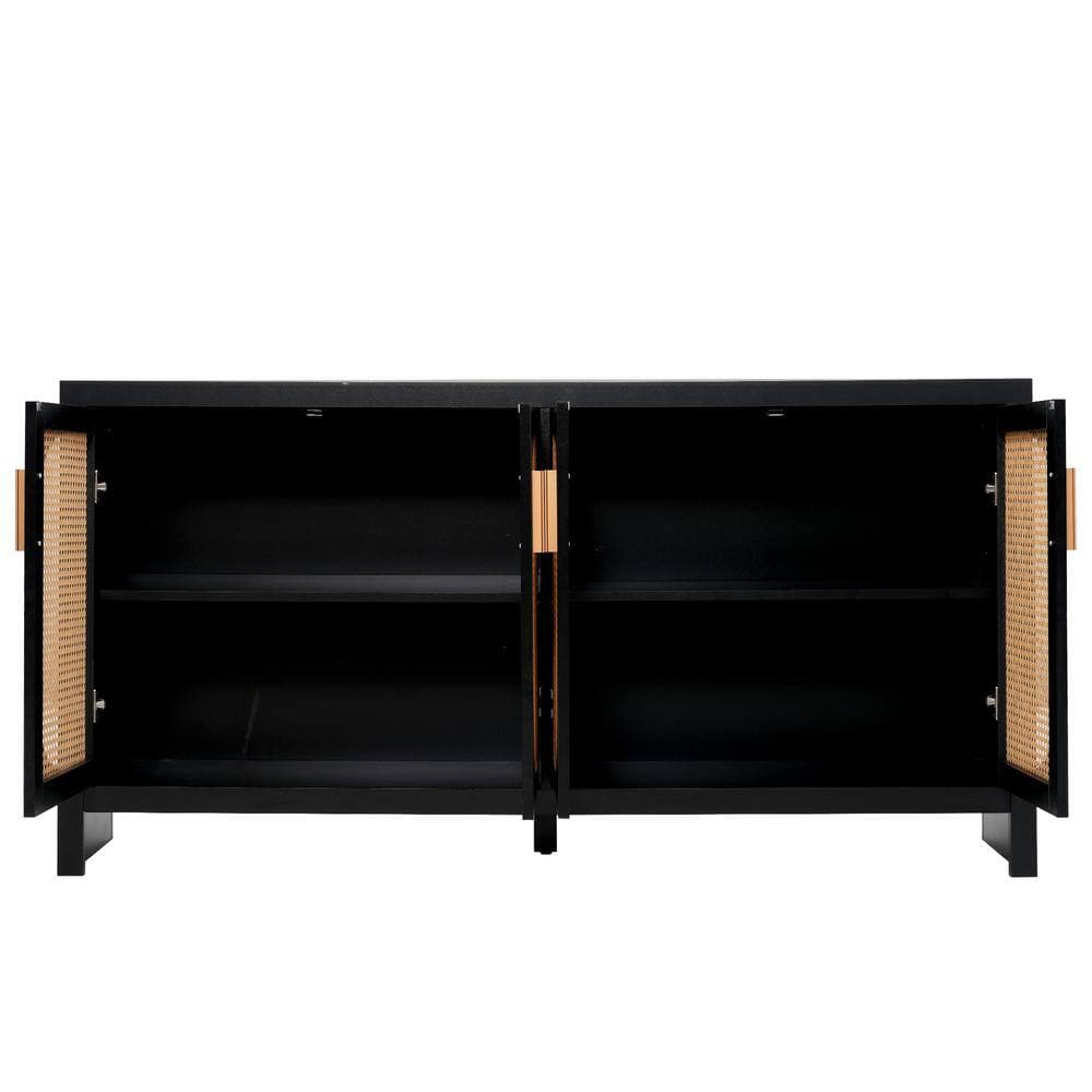 Unbranded 59.1 in. W x 13.8 in. D x 30 in. H Black Wood Linen Cabinet with PE Rattan Doors and Adjustable Shelves (3)