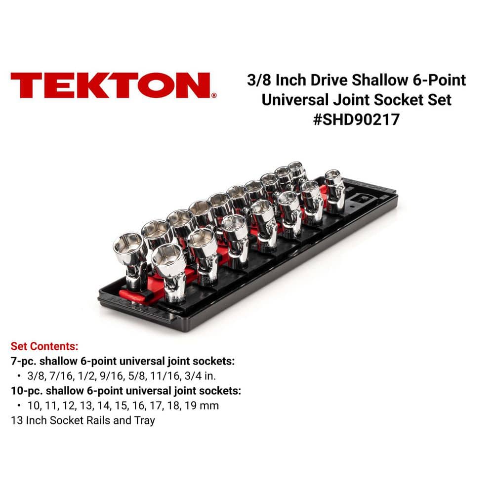 TEKTON 3/8 in. Drive Universal Joint Socket Set with Rails (3/8 in.-3/4 in., 10 mm-19 mm) (17-Piece) (2)