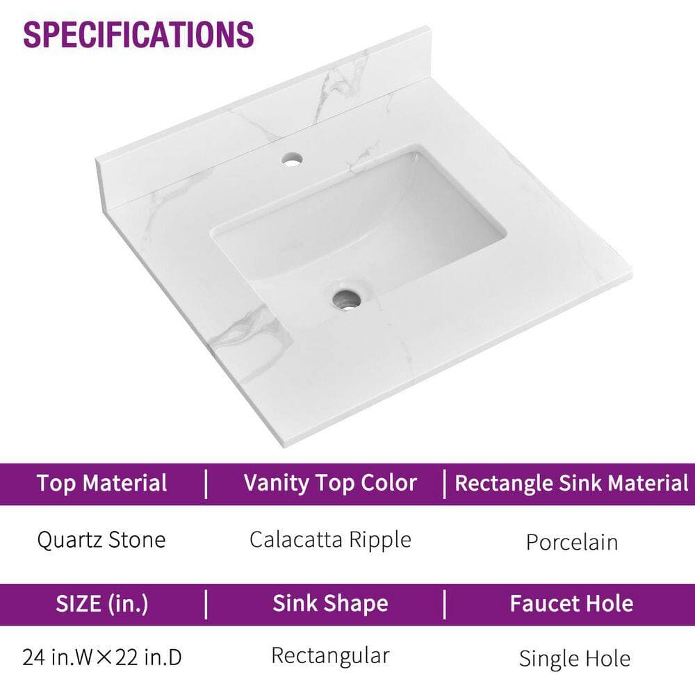 YASINU Wasser 24 in. W 22 in. D Quartz Stone White Rectangular Single Sink Bathroom Vanity Top (4)