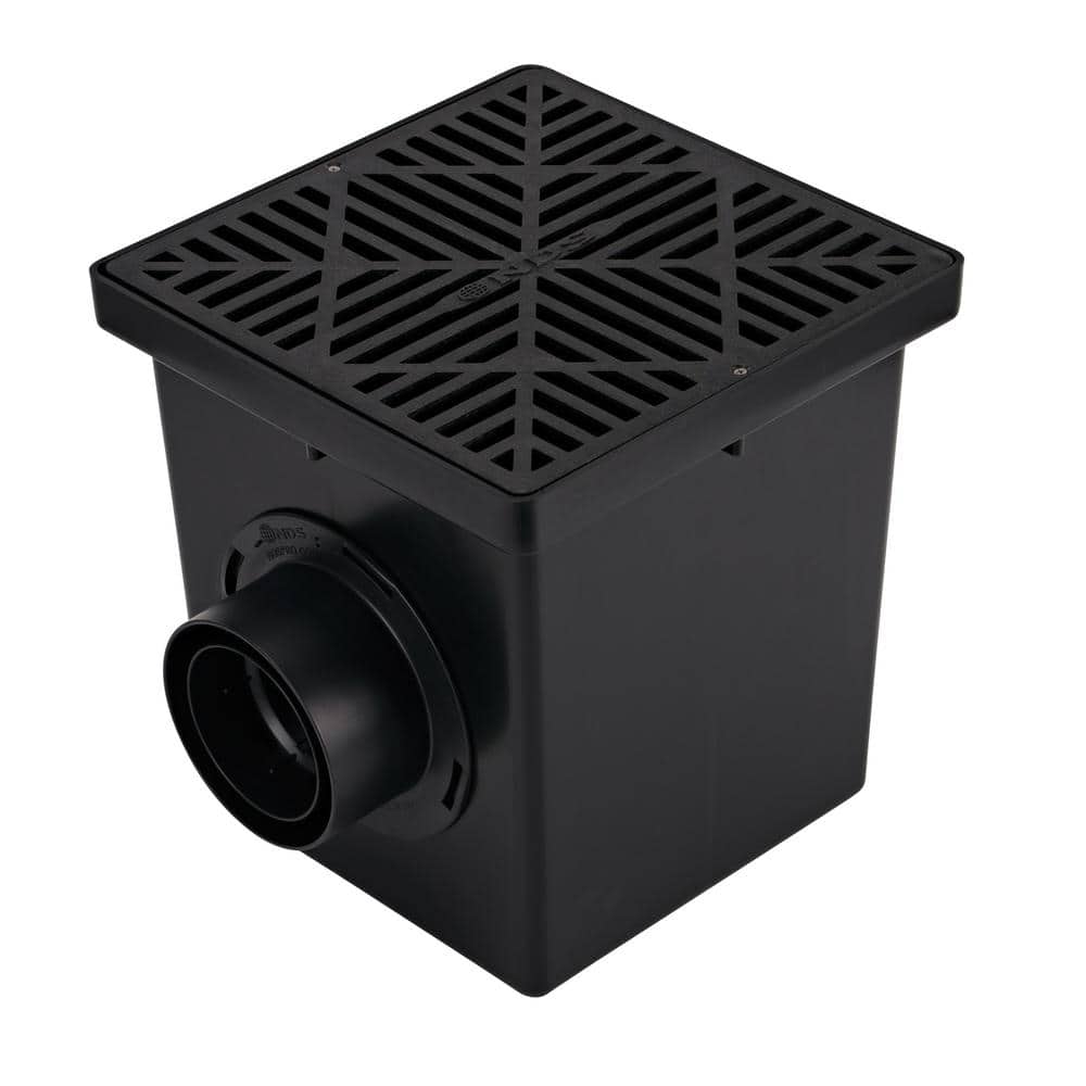 NDS 12 in. Square Catch Basin Drain Kit 2-Opening Basin, Black Plastic Grate, 2 Outlet Adapters and Outlet Plug