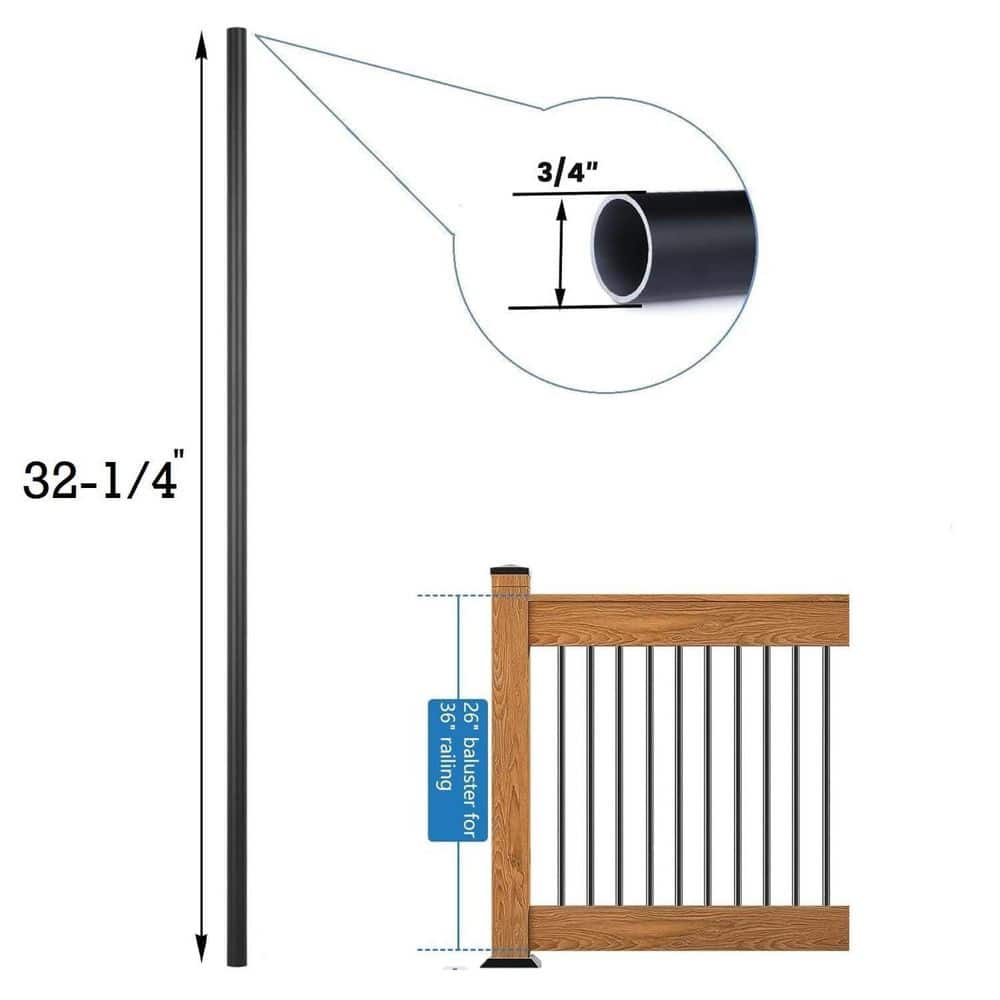 KIWDZFU 26 in. H x 0.75 in. W Black Metal Round Deck Balusters, Hollow Design, Porch Use, Stair Railing Kit (3)