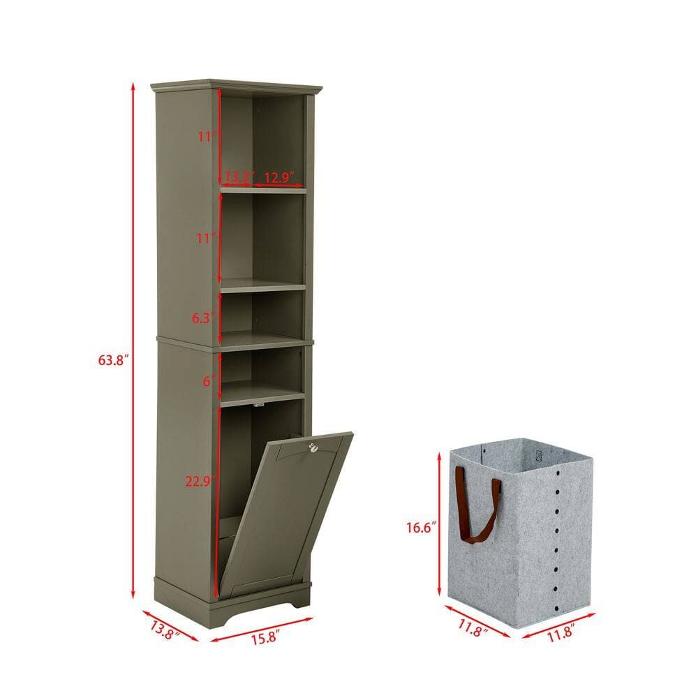 Tahanbath 13.75 in. W x 15.75 in. D x 63.75 in. H Grey MDF Freestanding Linen Cabinet w/4-Shelves and Laundry Hamper in Grey (3)