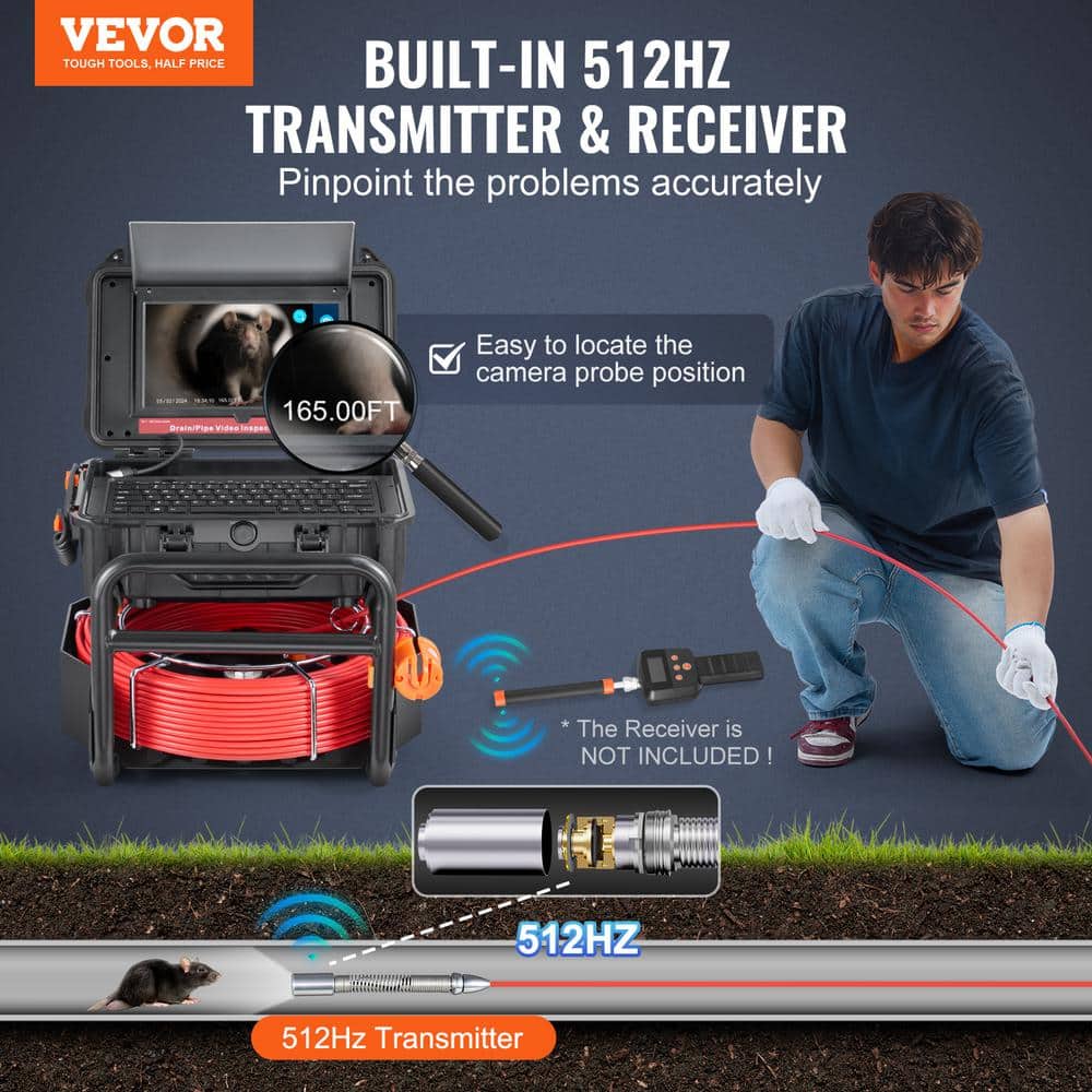 VEVOR Sewer Camera, 165 ft. /50 m Self-Leveling Drain Camera with 10.1 in. Touchscreen 512 Hz Transmitter (2)