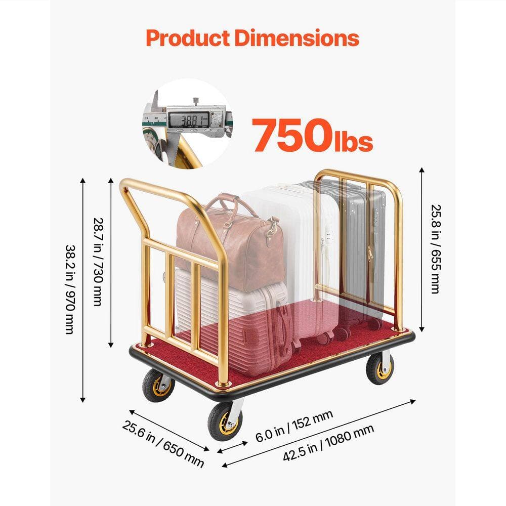 SKYSHALO Heavy Duty Hotel Luggage Cart, 750 lbs. Capacity, Stainless Steel Frame, Red Carpeted Platform, 6 in. Wheels for Resorts (3)