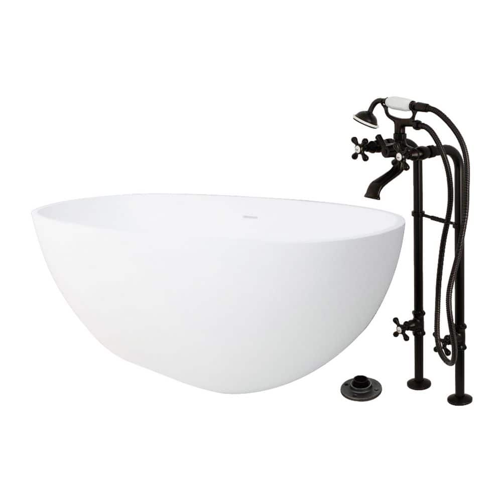 Kingston Brass Arcticstone 64.9in. x 31.9in. Surface White Stone Flatbottom Soaking Freestanding Bathtub in White/Oil Rubbed Bronze (1)