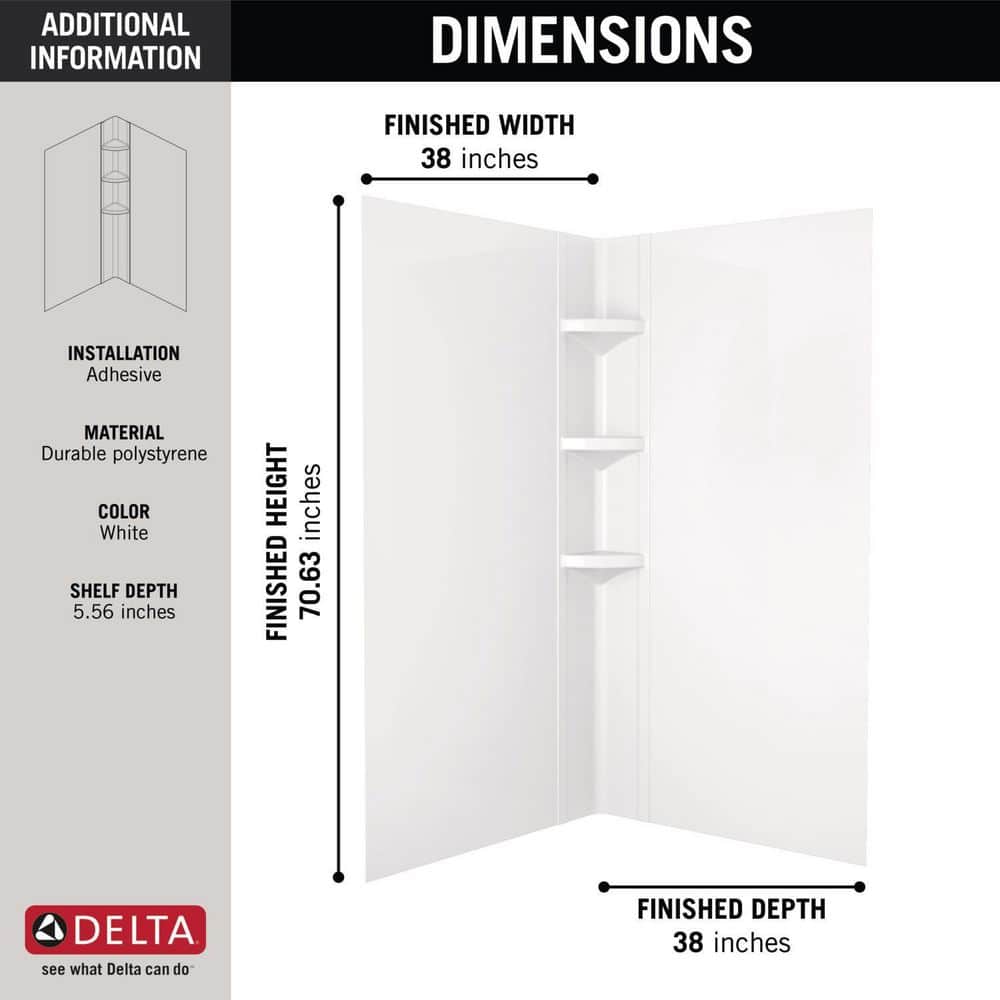 Delta 38 in. W x 70.63 in. H 3-Piece Glue Up Corner Shower Wall Surrounds in White (3)