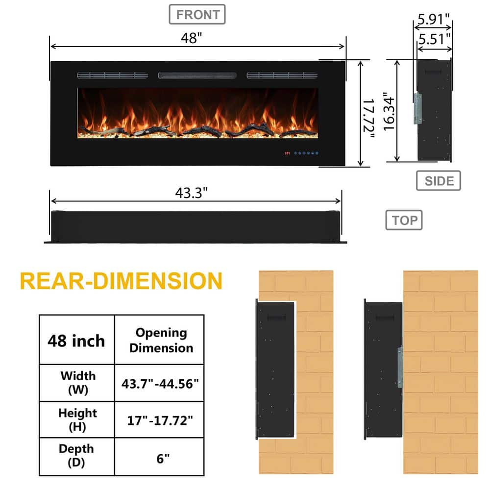 Prismaster ...keeps your home stylish 48 in. Electric Fireplace, Fireplace Insert/Wall Mounted with Thermostat, 1500W/750W in Black (2)