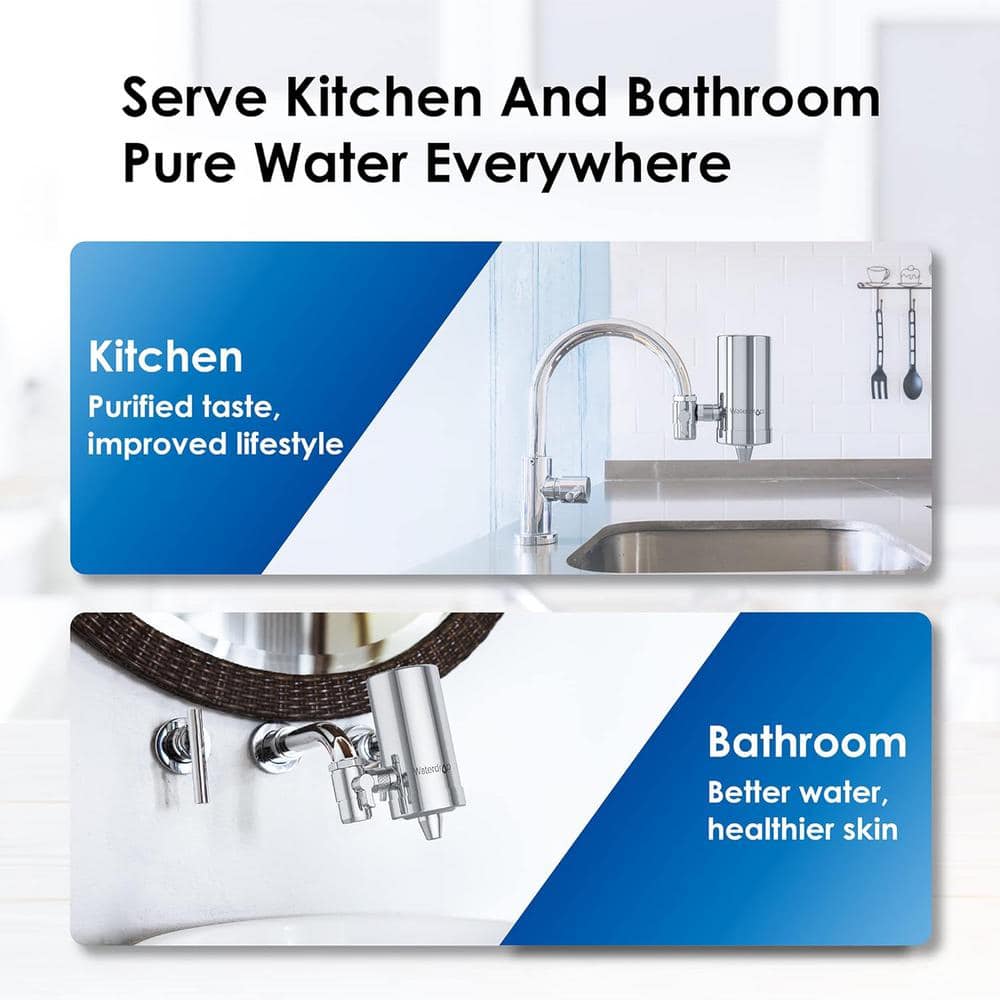 Waterdrop Stainless-Steel Faucet Water Filter,Carbon Block Filtration System,Fits Standard Faucets,Includes Extra FF-03-C-1 Filter (3)