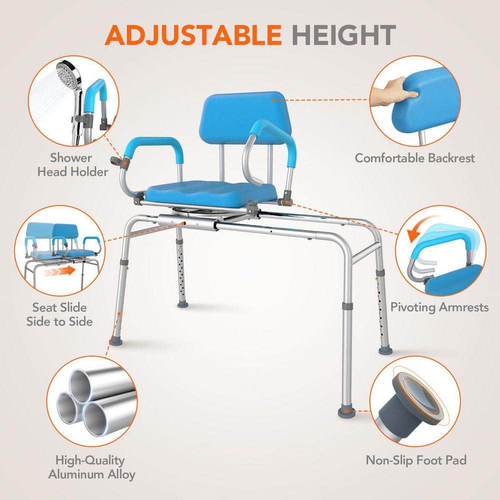 Lynzavix 34.2-41 in. W Freestanding Sliding Swivel Shower Chair with Pivoting Arms Adjustable Height Tub Transfer Bench in Blue (3)