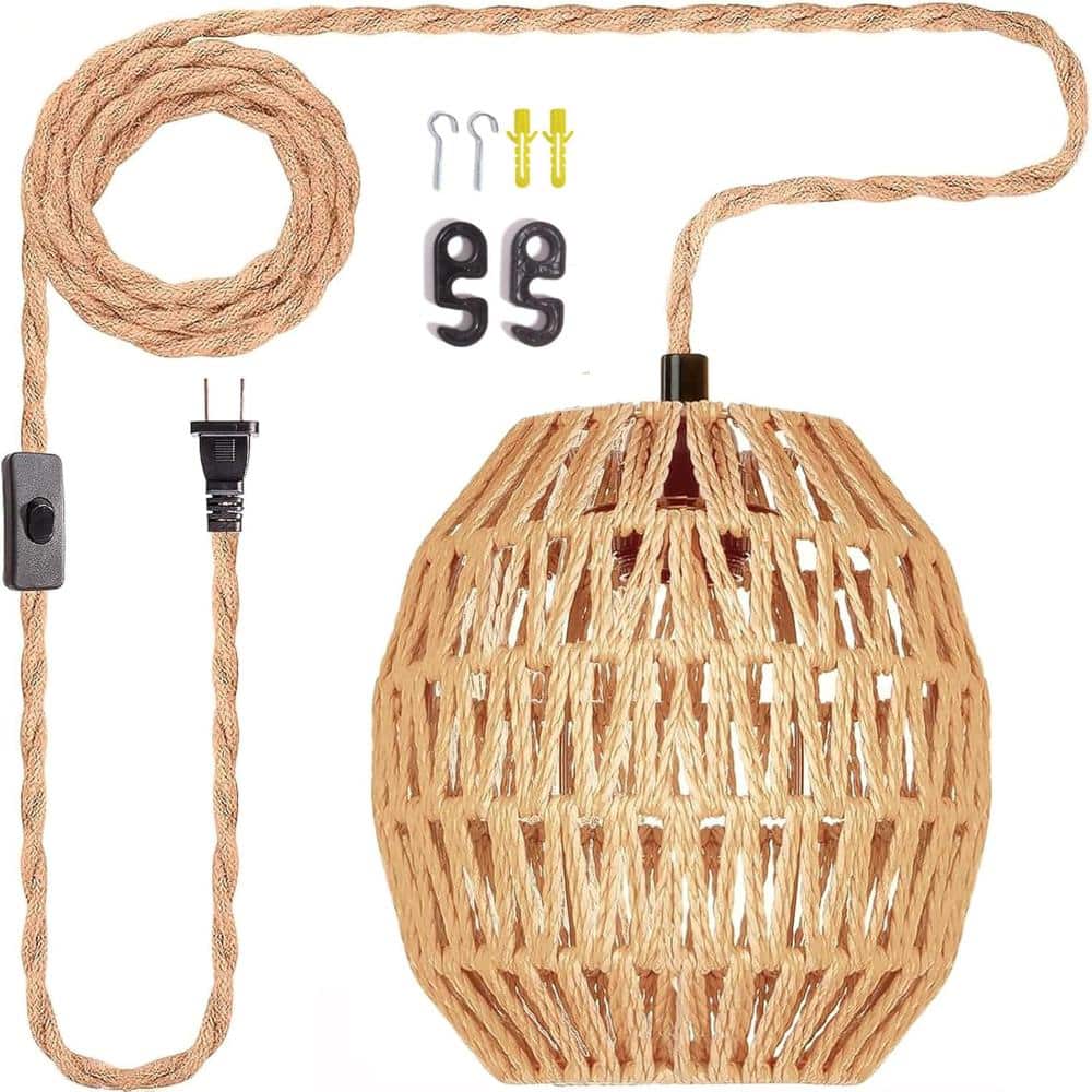 Unbranded Handwoven Rattan Plug-In Pendant Light with 16.4 ft Cord, Egg Shade Hanging Lamp, E26 Socket, On/Off Switch