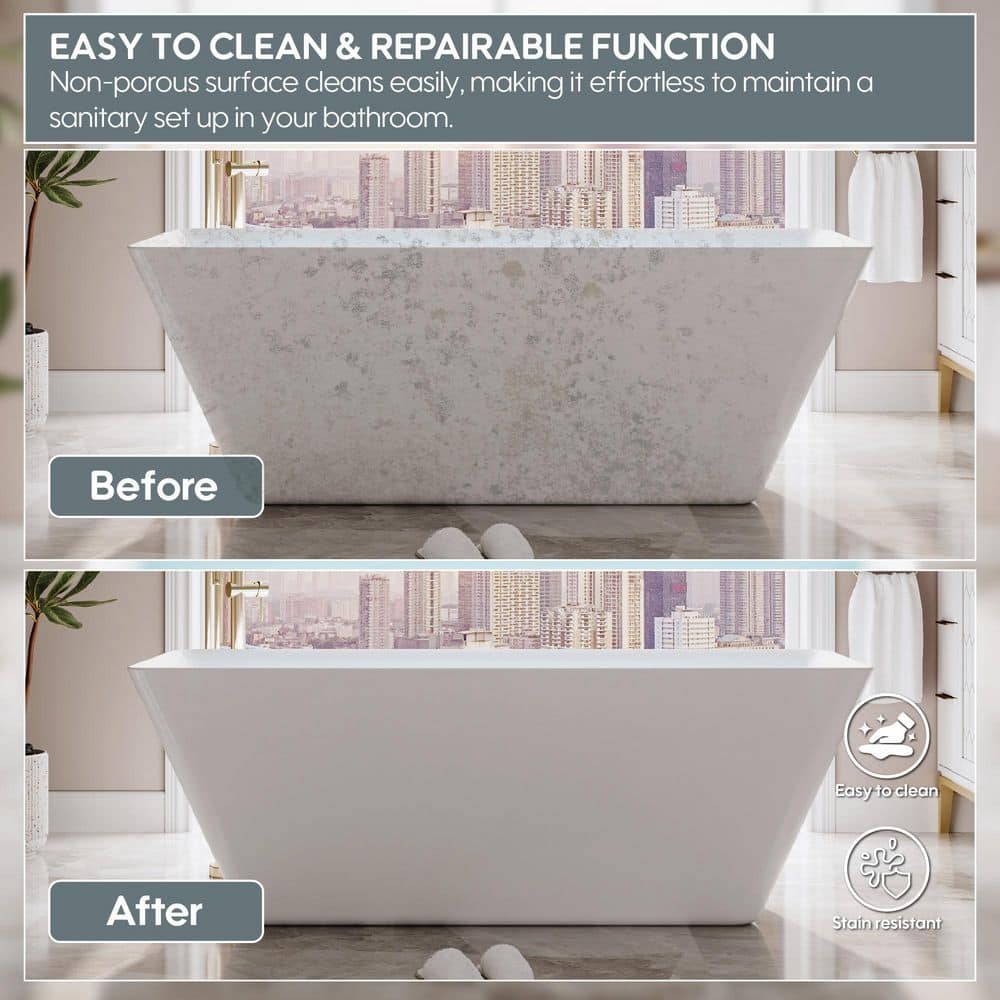 FORCLOVER 66 in. x 30 in. Acrylic Rectangular Flat Bottom Freestand Soaking Bathtub with Center Drain in Glossy White (3)