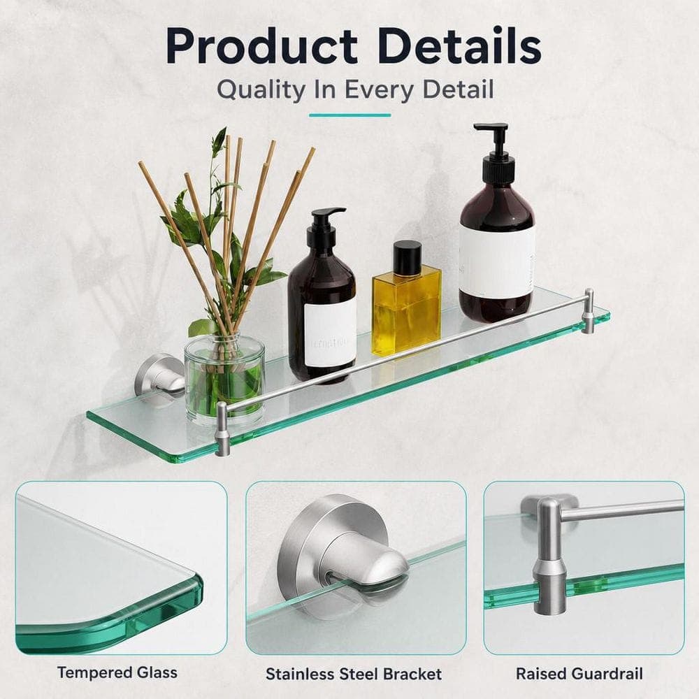 Wudkey Bathroom Wall Mount Floating 20 in. W x 0.3 in. H x 8 in. D Tempered Glass Rectangular Shelf in Chrome Polished (3)