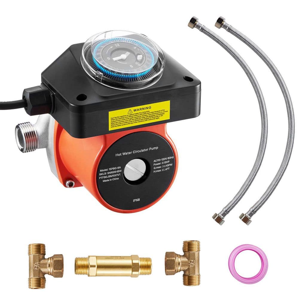 VEVOR Hot Water Recirculating Pump Kit with Bypass Valve, Timer & Adapter, Stainless Steel Head, 0.13 HP 110-120V