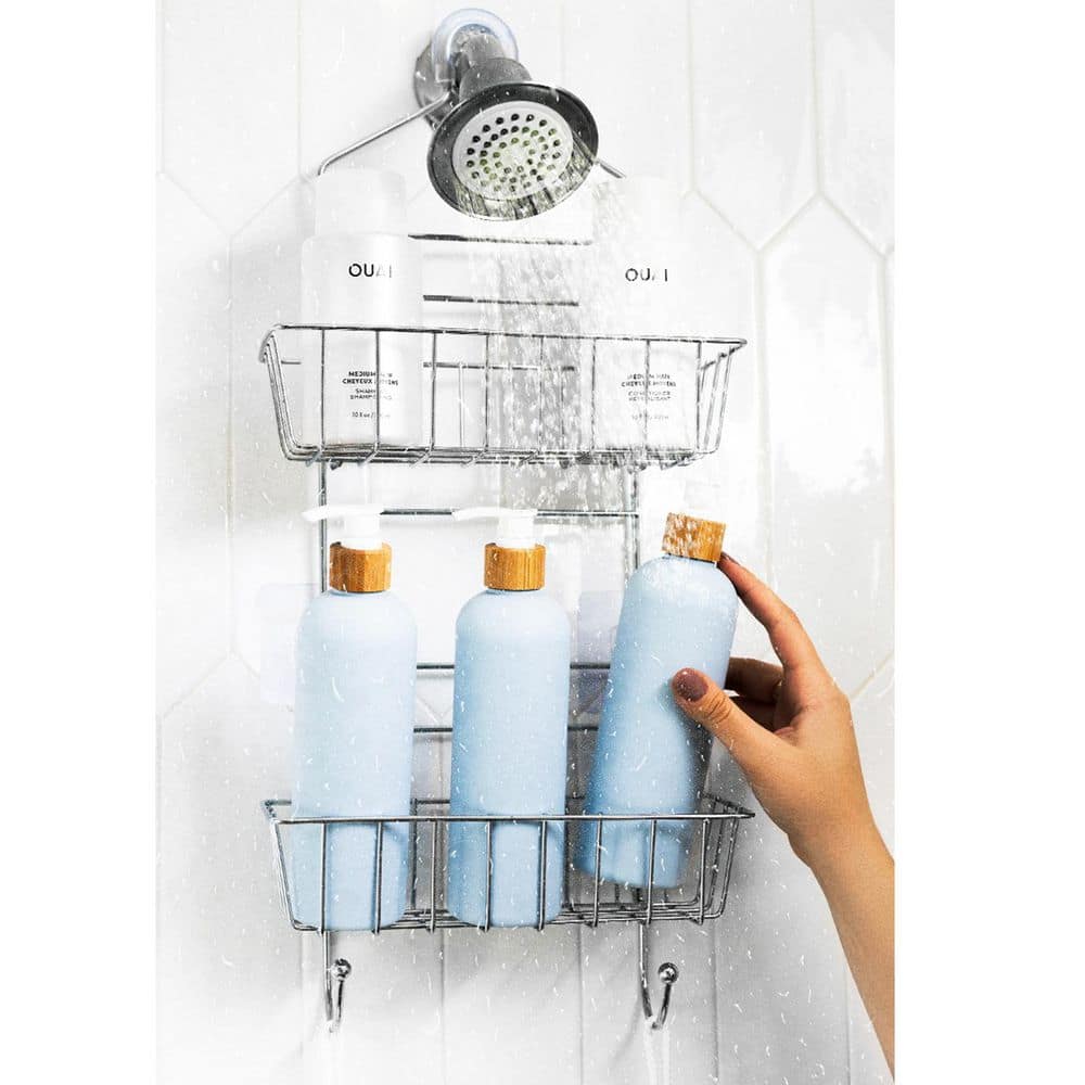 PLUMBFLEX Shower Caddy Over Shower Head Basket Shelf with Hooks Hanging Sponge Shampoo Holder Organizer Stainless Steel in Chrome
