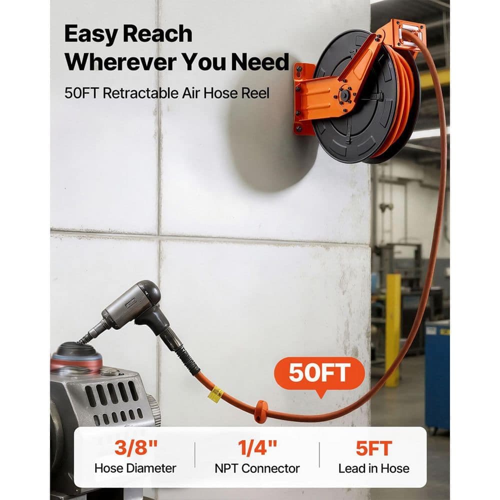 VEVOR Retractable Air Hose Reel, 3/8 in. x 50 ft. Rubber Air Hose Max 300PSI, Auto Rewind Air-Compressor Hoses Reel (2)
