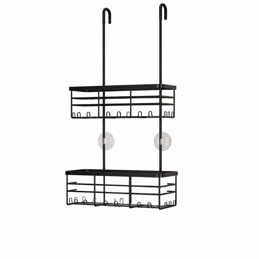 Anqtovp Over Door Mount Rustproof Stainless Steel Shower Caddy with Hooks and Suction Cups in Black, Waterproof Finish (1)