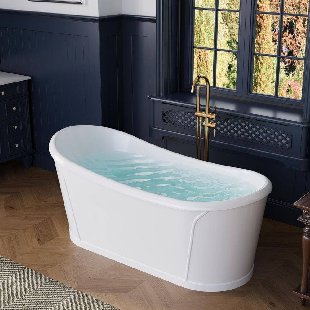 ANGELES HOME 66 in. L x 30 in. W Acrylic Freestanding Single Slipper Soaking Bathtub in White, Pop-Up Drain (2)