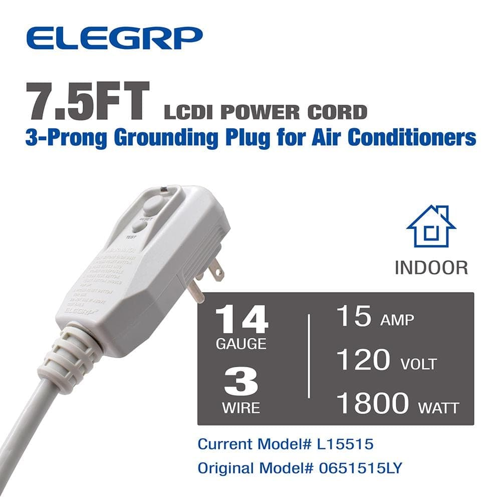 ELEGRP 7.5ft. 120V 15Amp 1800W LCDI Power Cord Plug for Air Conditioner,Leakage Current Detection Interrupter Replacement, Gray (2)