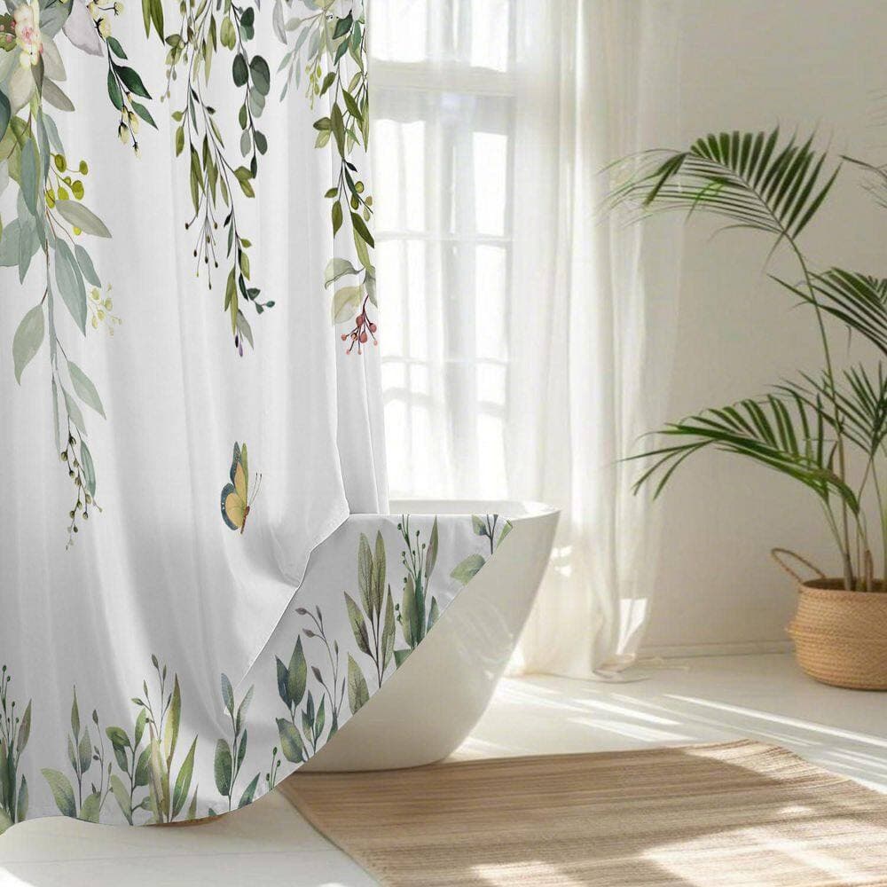 Anqtovp 71 in. W x 74 in. L Fabric Shower Curtain with Snap in Liner and Sheer Top Window in Sage Green Eucalyptus (2)