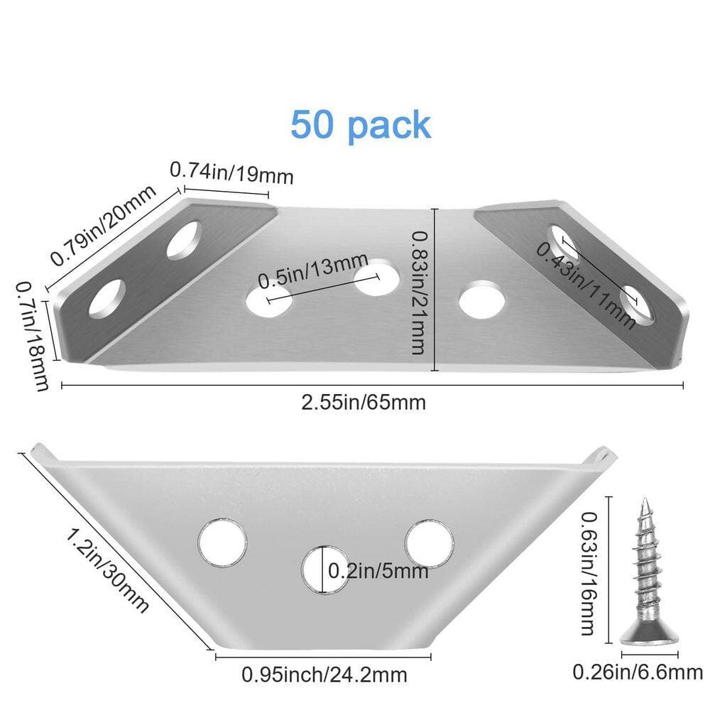 Wudkey 50-Piece Universal Stainless Steel Furniture Corner Connector, Angle Corner Bracket with Screws, Corner Braces (2)