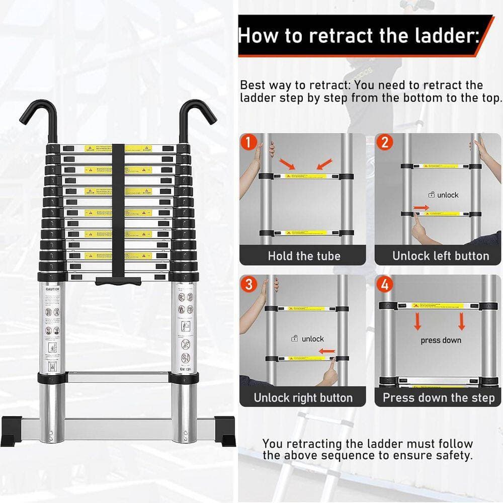 Unbranded 12.5 ft. Aluminum Telescoping Ladder with Hooks and Stabilizer, 330 lbs. Capacity, EN131 Certified (3)