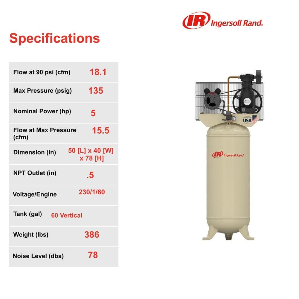 Ingersoll Rand 60 Gal. 135 PSI SS5 Vertical 5 HP 230-Volt 1-Phase Single-Stage Electric Reciprocating Air Compressor (2)