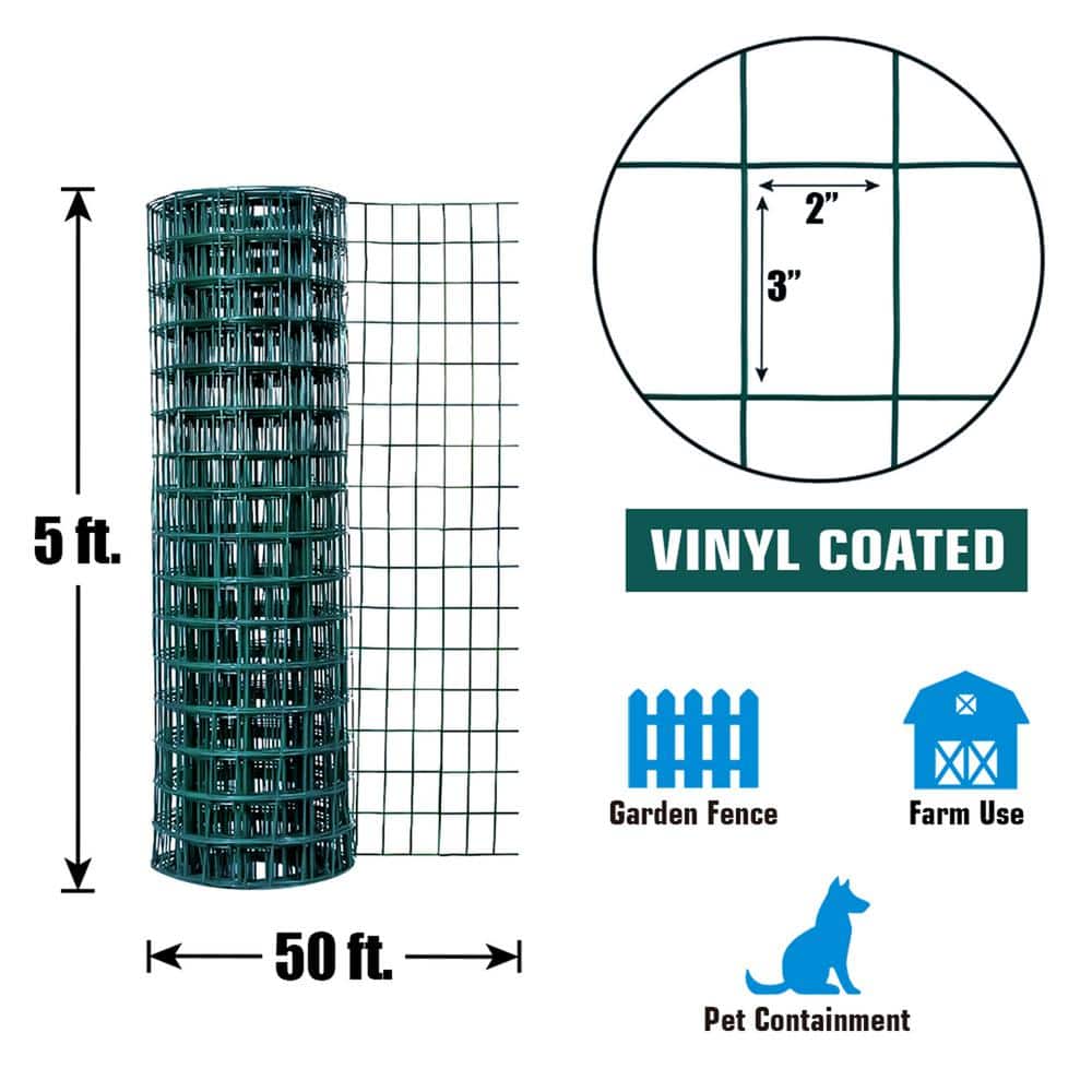 Fencer Wire 5 ft. x 50 ft. 16-Gauge Green Vinyl Coated Welded Wire Fence with 3 in. x 2 in. Mesh, Black Garden Welded Mesh (3)