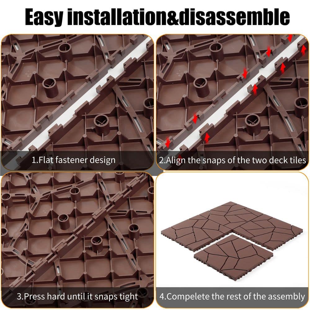 Unbranded Stone Style 1 ft. x 1 ft. Plastic Red Brown Patio Deck Tiles, DIY Module Interlocking Decking Tiles Floor Tile, 44pcs (3)