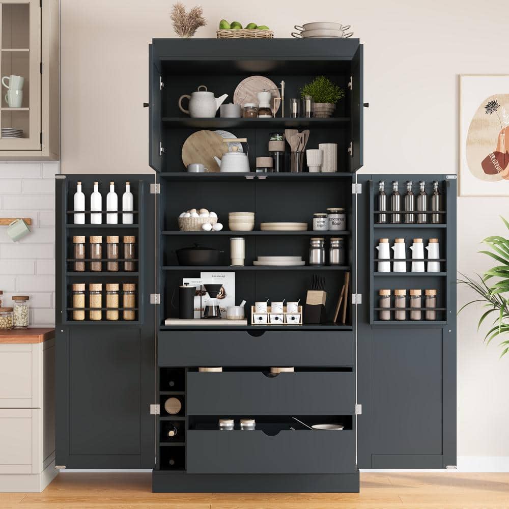 XUJMK 35 in. W x 18 in. D x 77 in. H Gray Linen Cabinet, Storage Cabinet, Kitchen Pantry with Adjustable Shelves, Wine Racks (3)