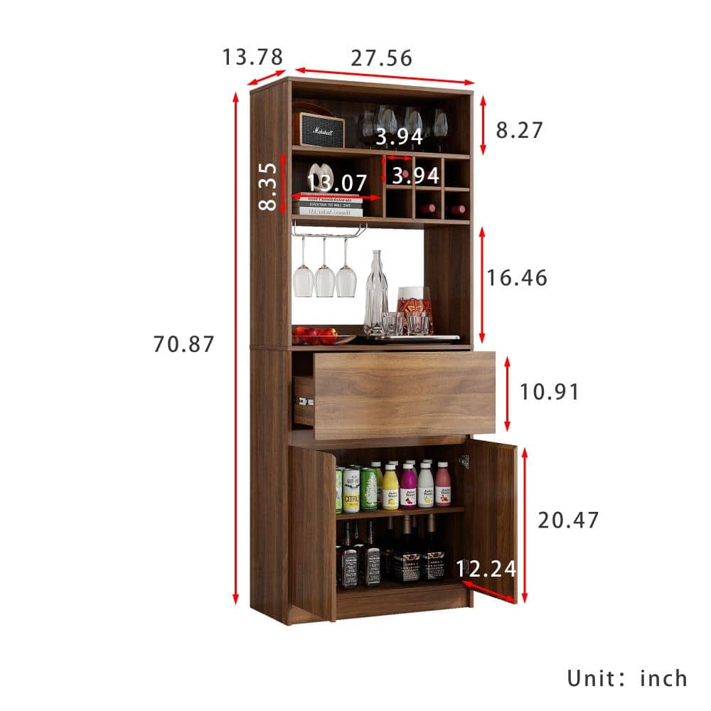 XUJMK 28 in. W x 14 in. D x 71 in. H Walnut MDF Bathroom Linen Cabinet, Multi-functional Storage Cabinet, Kitchen Wine Cabinet (2)