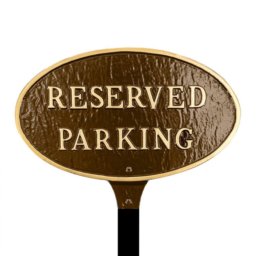 Montague Metal Products 6 in. x 10 in. Small Oval Reserved Parking Statement Plaque Sign with Lawn Stake-Oil Rubbed/Gold