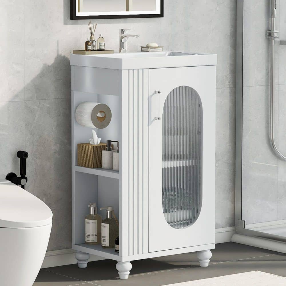 Unbranded Modern White 20 in. Undermount Ceramic Bathroom Sink with Wood Vanity Cabinet, Glass Door, Open Side Shelves, Towel Bar (3)