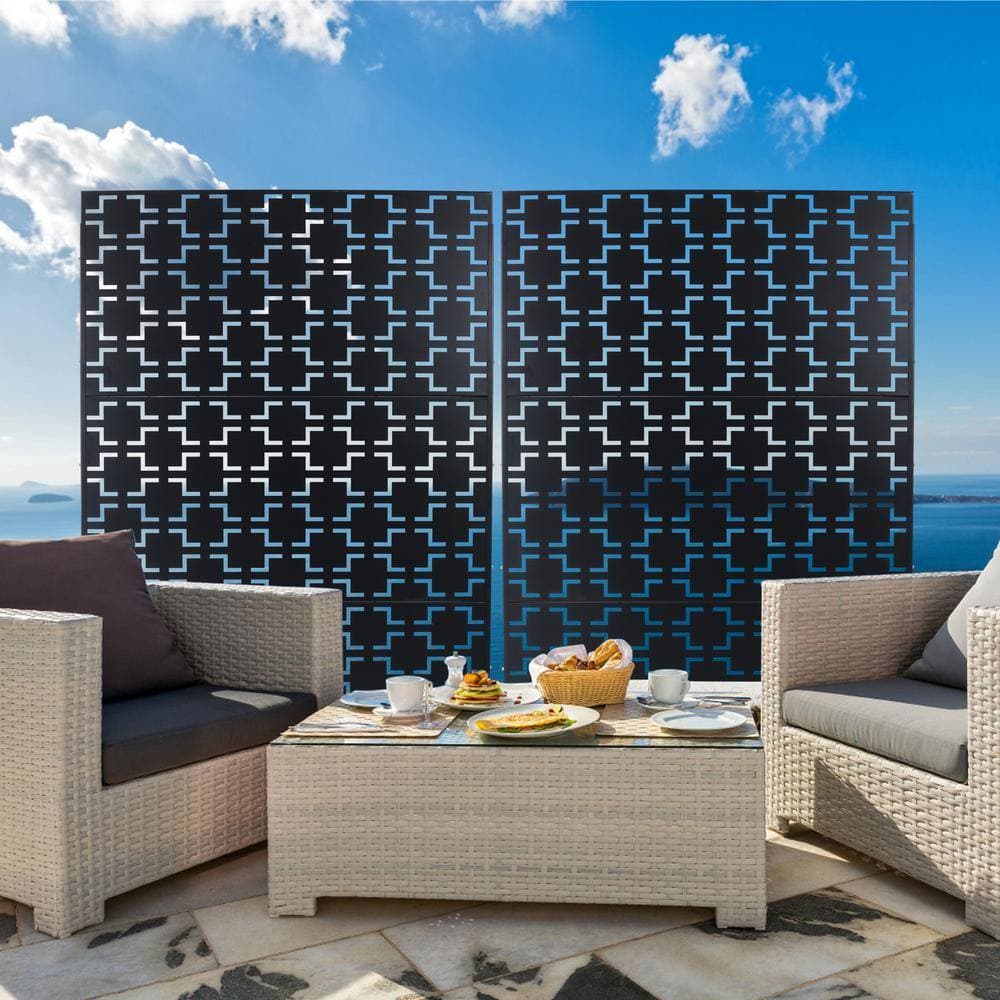 Zeus & Ruta 6.3 ft. H x 4 ft. W Black Metal Privacy Screen Freestanding Decorative Privacy Screen (3-Panels) (2)
