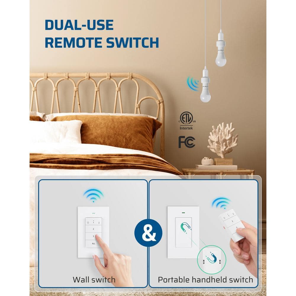 DEWENWILS 120-Volt Wireless Remote Control Lamp Bulb Socket for Pull Chain Light Fixtures( Wall Mounted Controller+ Socket) (4)