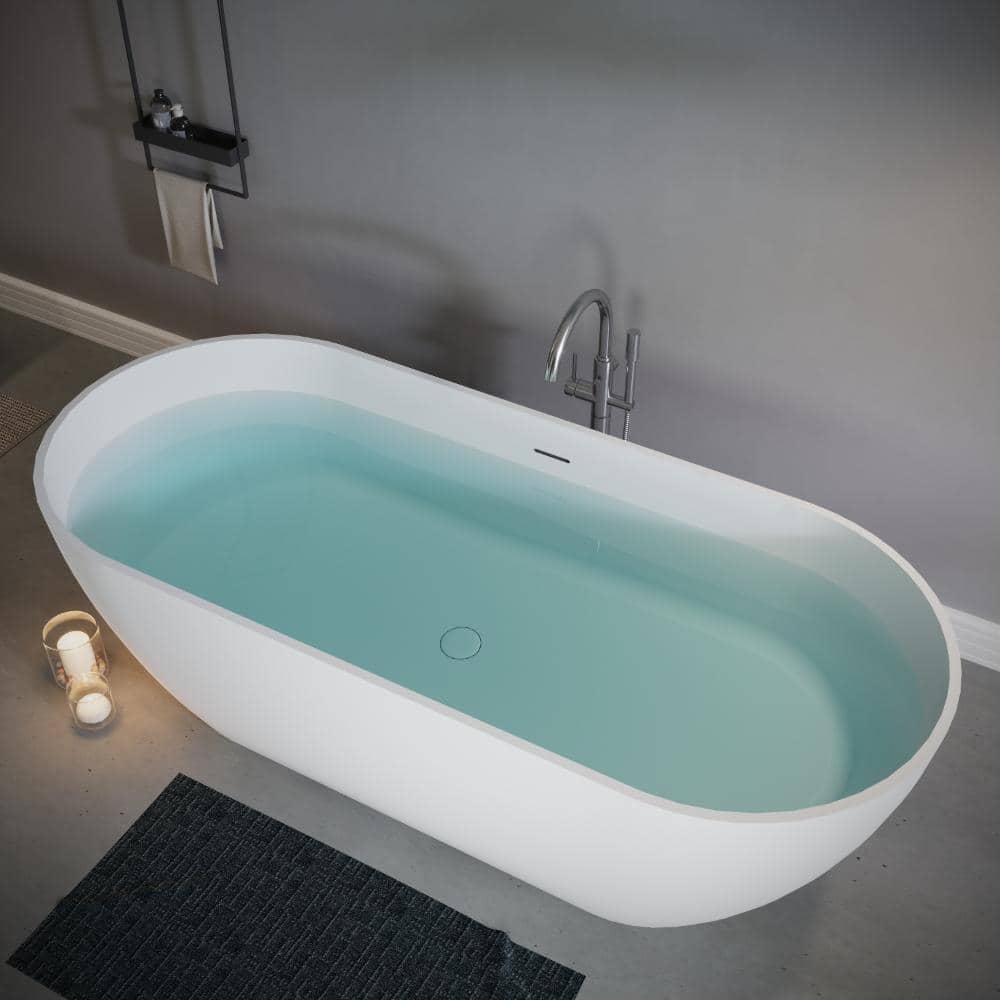 YSQCAR 69 in. x 29.5 in. Solid Surface Freestanding Soaking Bathtub with Center Drain in Matte White (3)