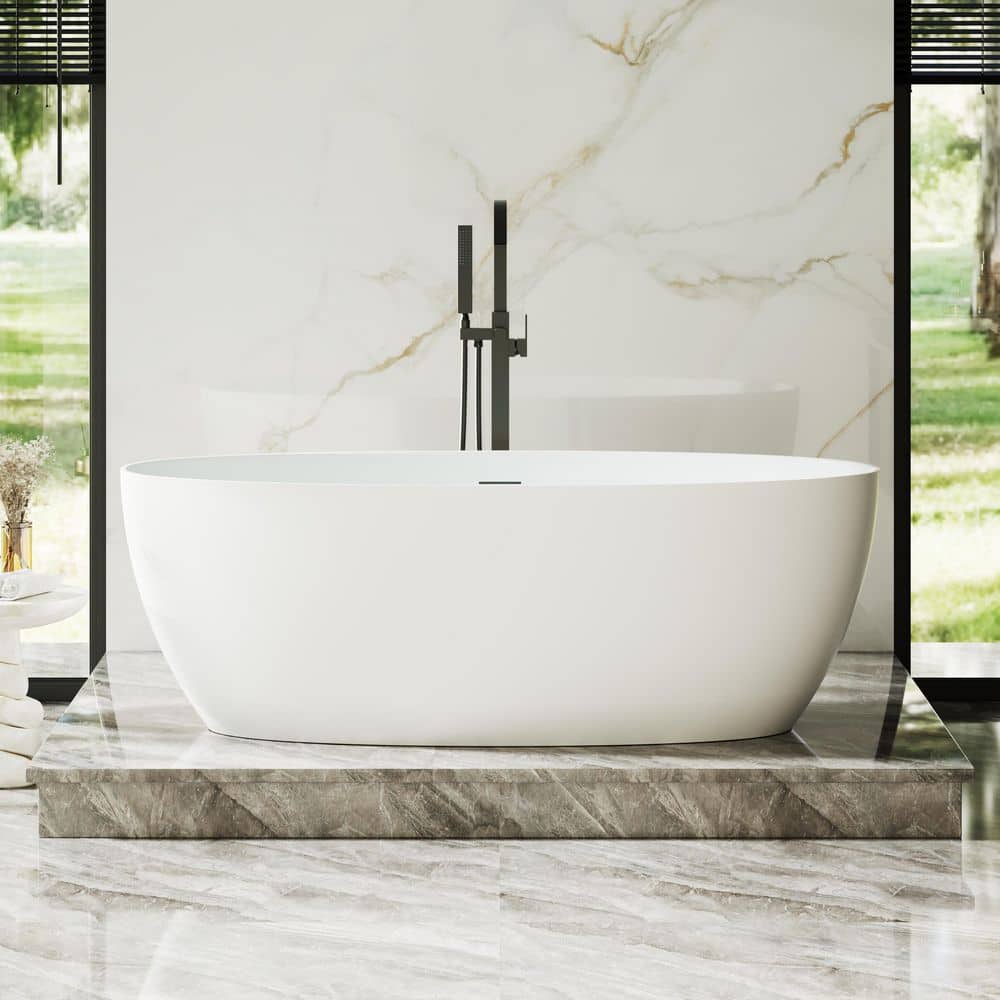 ANGELES HOME 67 in. x 32 in. Soaking Stone Resin Solid Surface Flatbottom Freestanding Bathtub with Center Drain in Matte White (1)