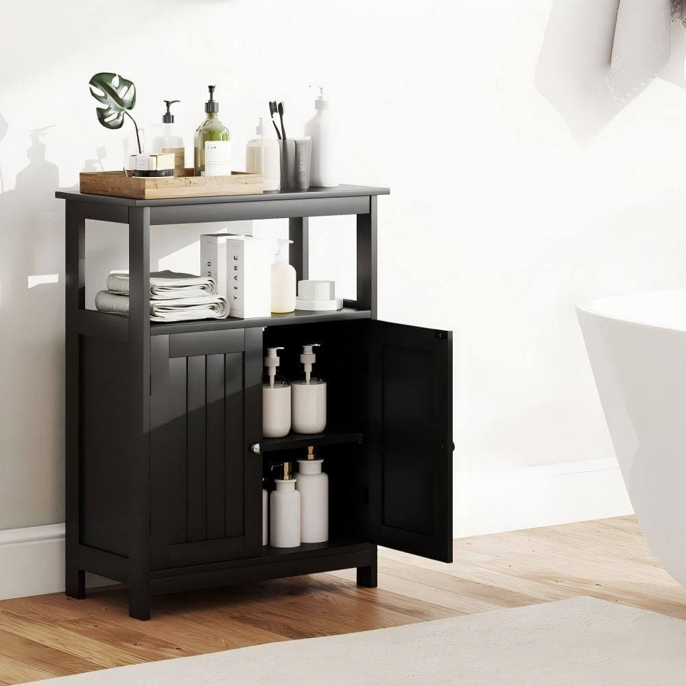 HONGGE 23.5 in. W x 12 in. D x 31.5 in. H Black Wood Freestanding Linen Cabinet with Adjustable Shelf in Black (2)