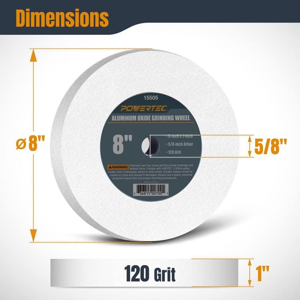 ‎POWERTEC 8 in. x 1 in. x 5/8 in. 120-Grit White Aluminum Oxide Grinding Wheel for Bench Grinder (3)