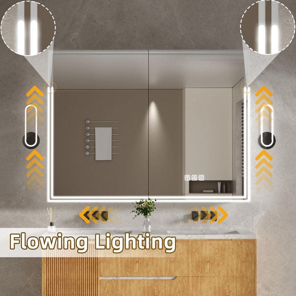 ZXDDMS 48 in. W x 36 in. H Rectangular Aluminum 3 Color Flowing LED Light Surface/Recessed Medicine Cabinet with Mirror (3)