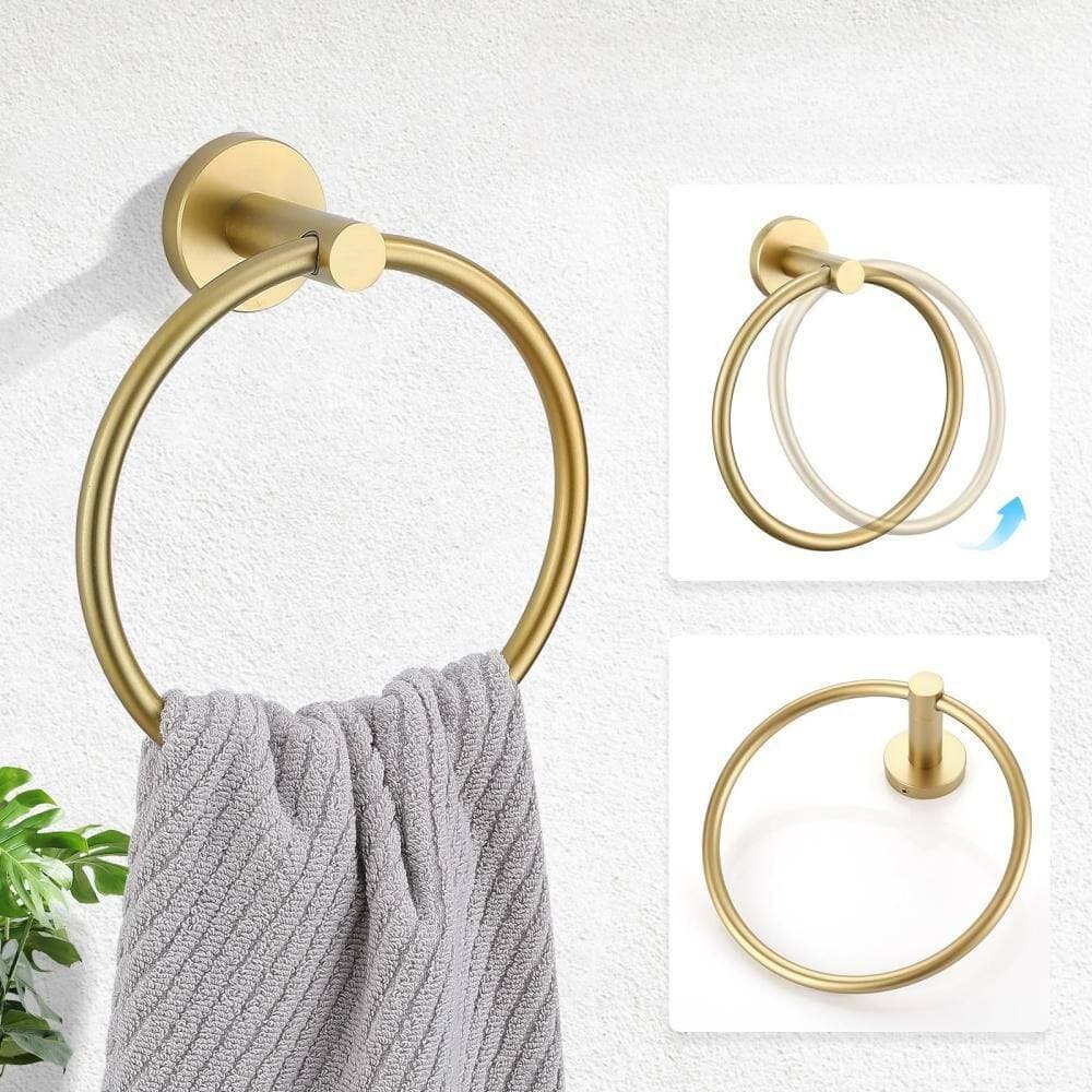 Numhew 5-Piece Wall-Mounted Bathroom Hardware Set, Stainless Steel Bath Towel Bar Set, Shape of Round, Gold (3)