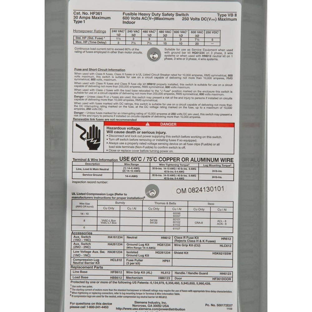 Adrinfly 30 Amp 3 Pole 600V 3 Wire Fused Heavy Duty Safety Switch with Quick-Make Quick-Break Mechanism and Arc Chutes Gray (3)