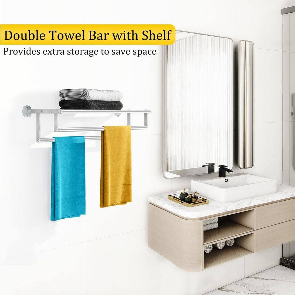 Wudkey 24 in. Stainless Steel 2-Bar Wall-Mounted Double Towel Rack with Shelf for Bathroom Lavatory in Brushed Nickel (2)
