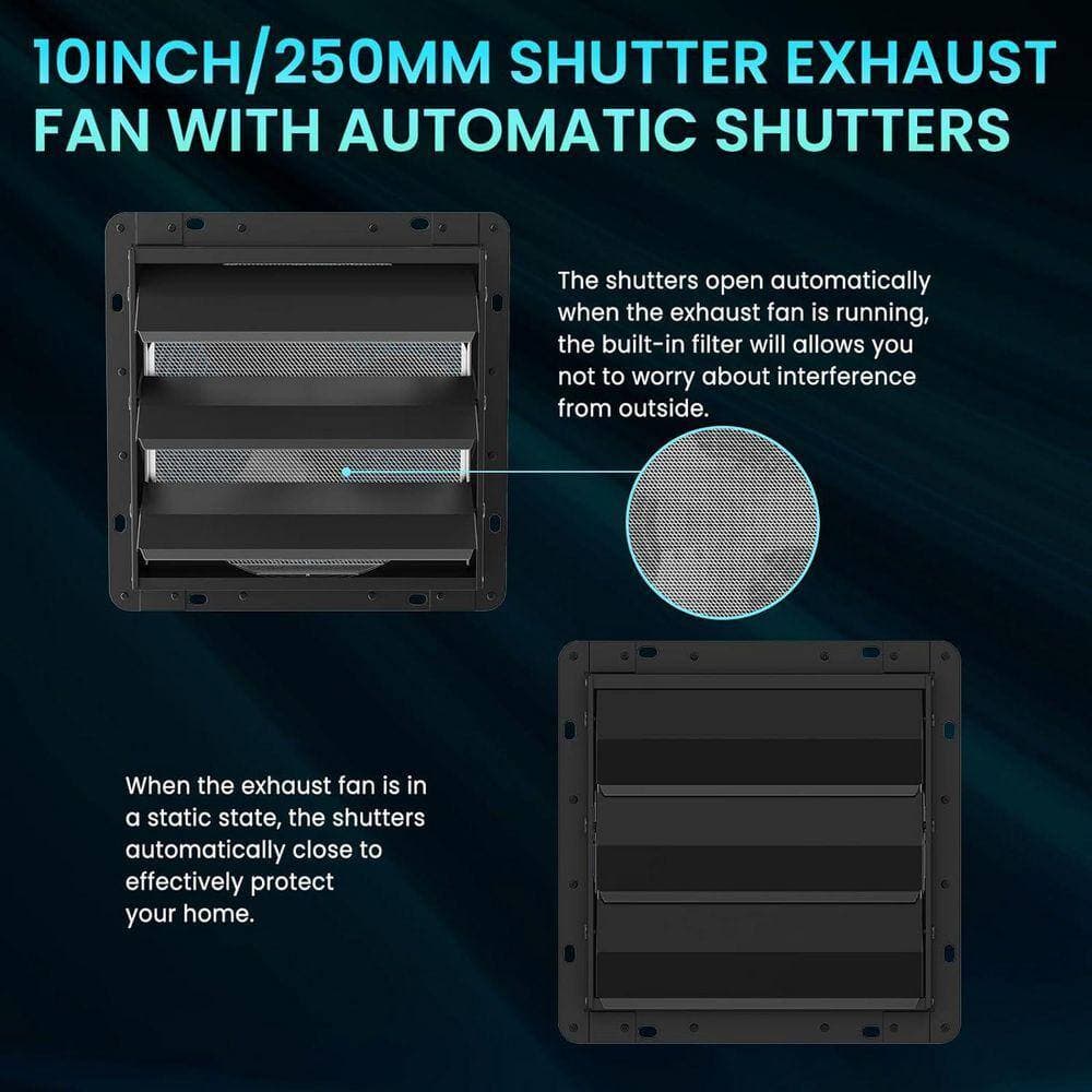 KIWDZFU 10 in. Shutter Exhaust Fan with Speed Controller, 647CFM High-Speed Vent Fan, Black (3)